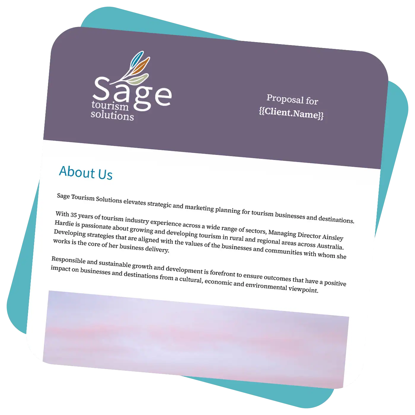 A Sage Tourism Solutions proposal document with an about section on a blue square background.