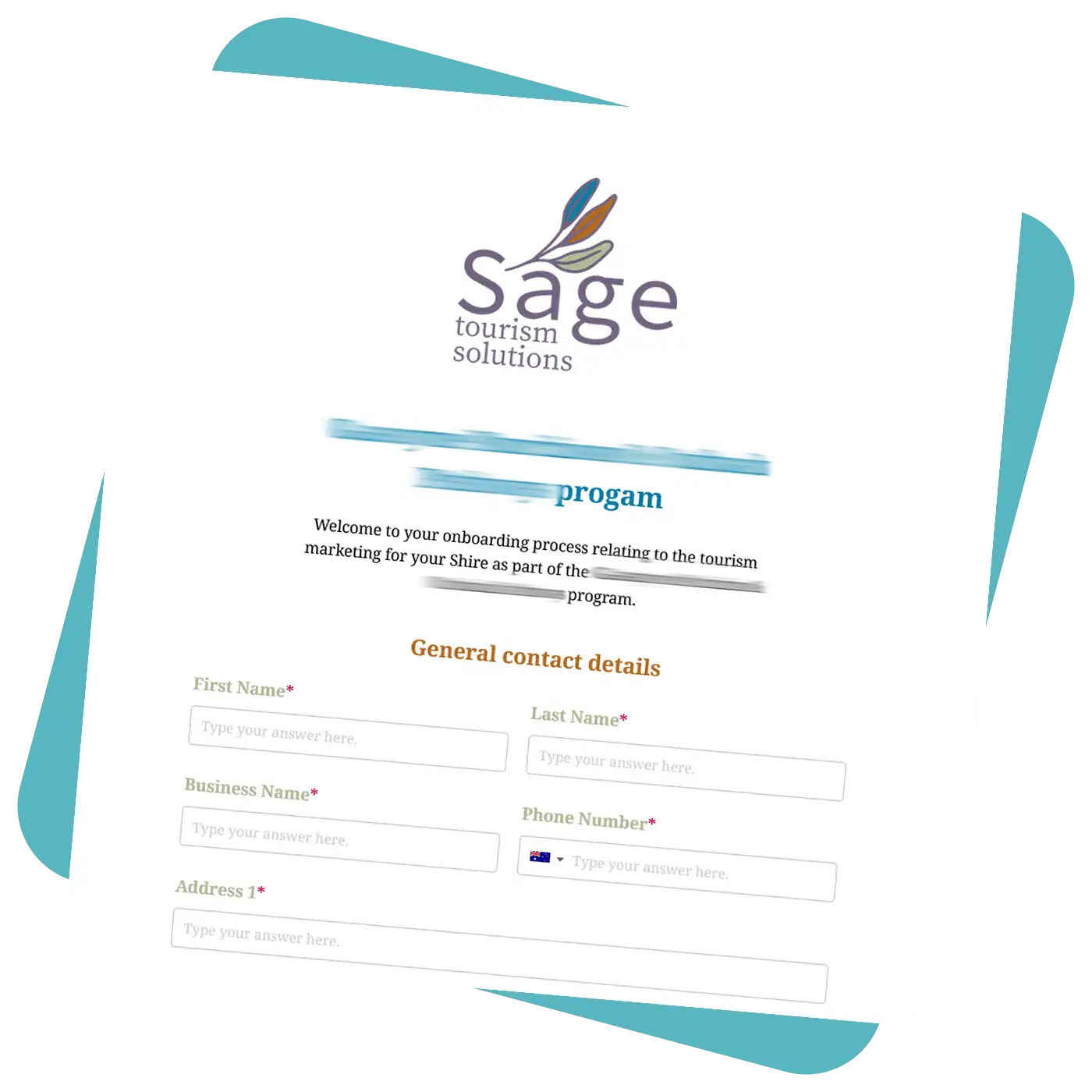 A form from Sage Tourism Solutions requesting onboarding contact details like name, business, phone, and address.