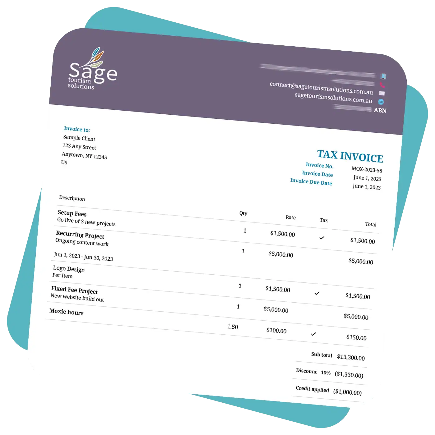 A Sage Tourism Solutions tax invoice showing itemised fees, due date, and company contact information.