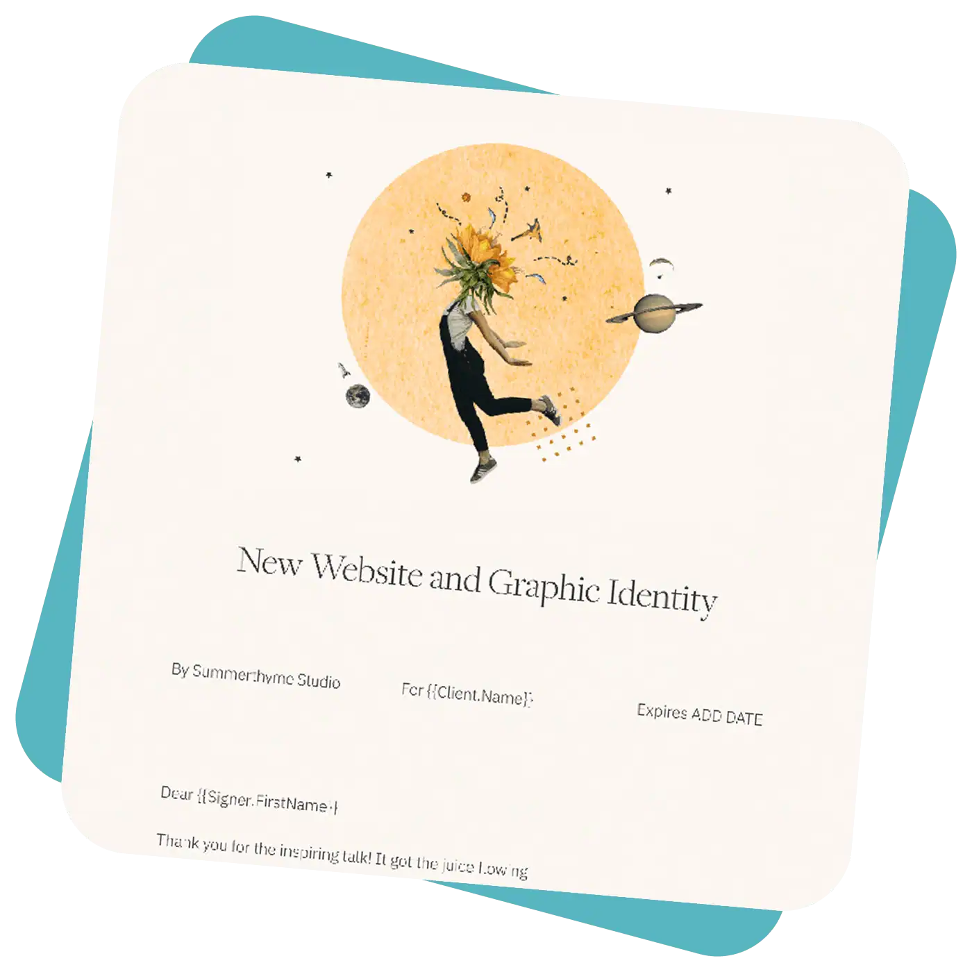 Person with a flower bouquet head, planets, and text about a new website and graphic identity on a tilted paper.