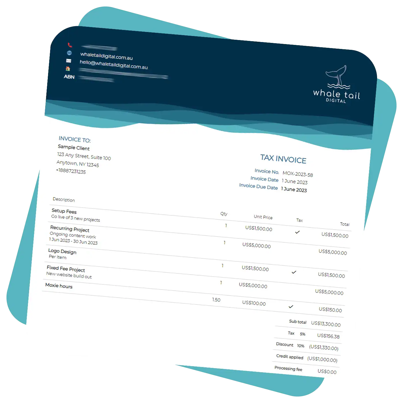 A tax invoice from Whole Tail Digital with itemised services, prices, and total amount due in June 2023.