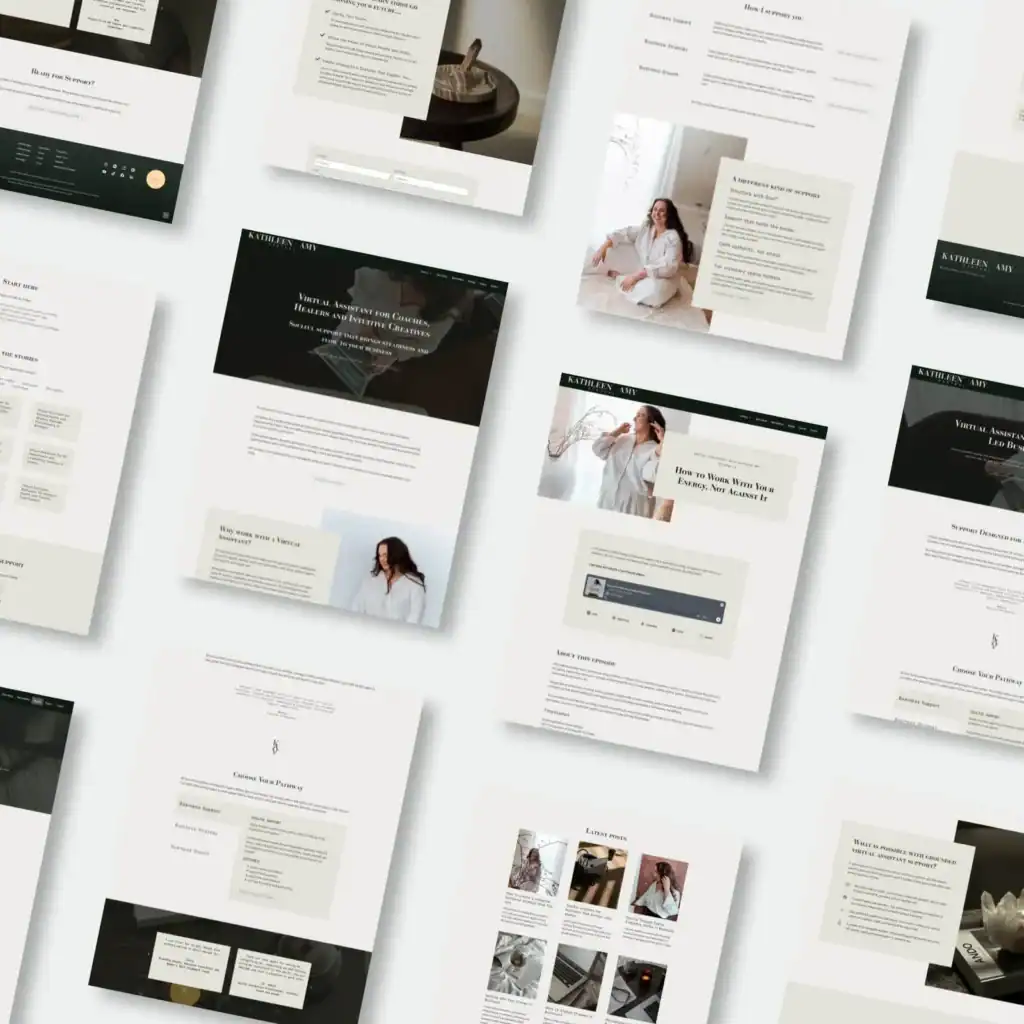 Multiple website pages with soft neutral colours, text blocks, images of women, and minimalist design elements.