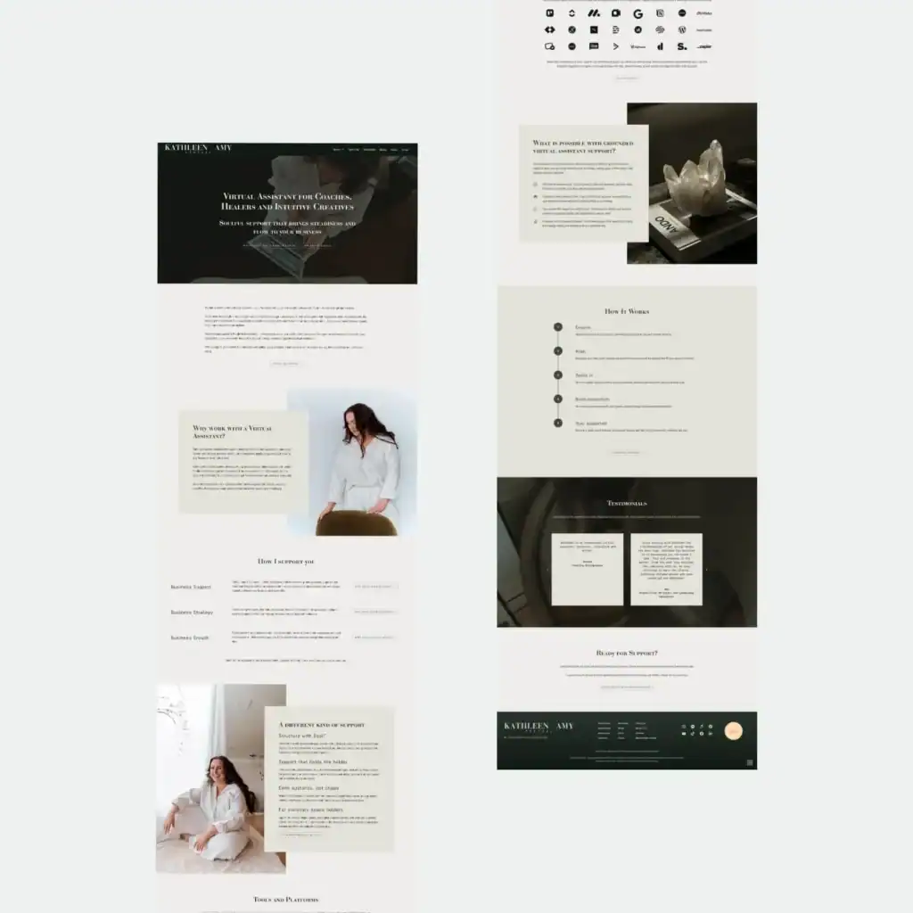 Minimalist website layout with text sections, icons, and photos of a woman in white clothing. Neutral colour palette.