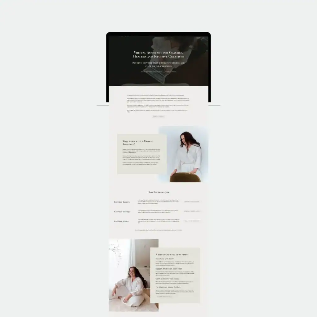 Minimalist website mock-up with images of a woman in white clothing and text sections on a light background.