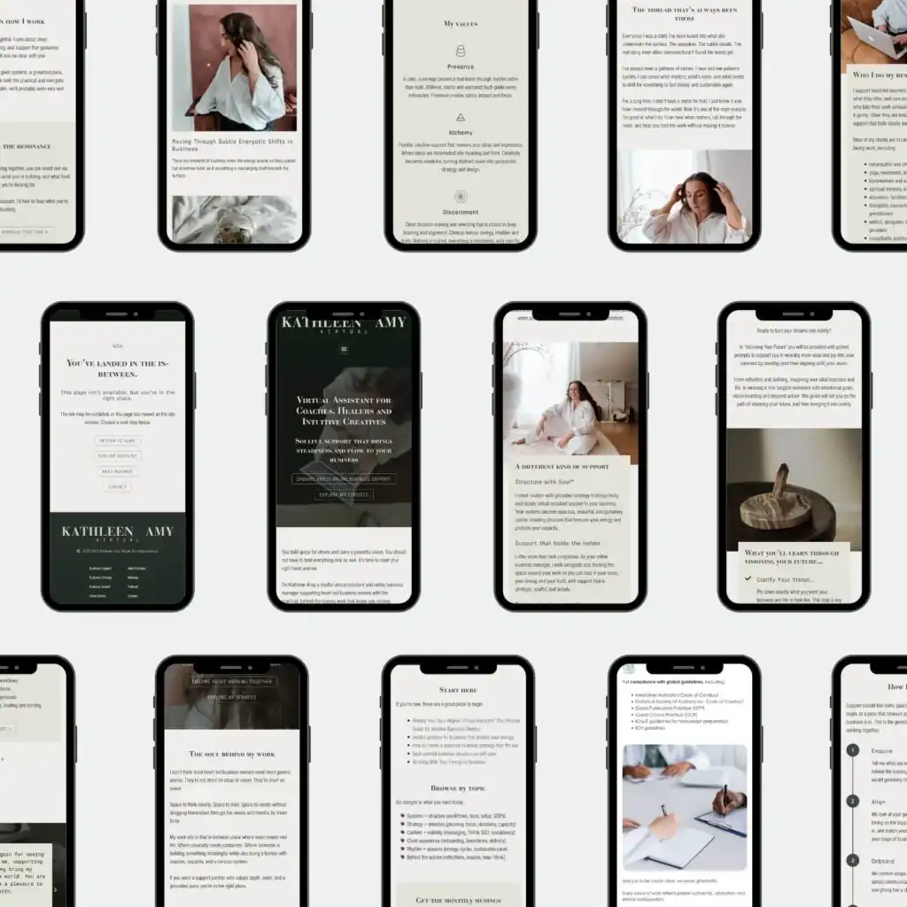Fifteen mobile phones display a website featuring photos, text, and neutral, elegant design elements.